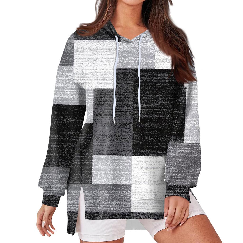 Women's Fashionable Casual Hoodie Long Sleeved Drawstring Pullover Geometric Splicing Printed  Loose Slit Sweatshirt