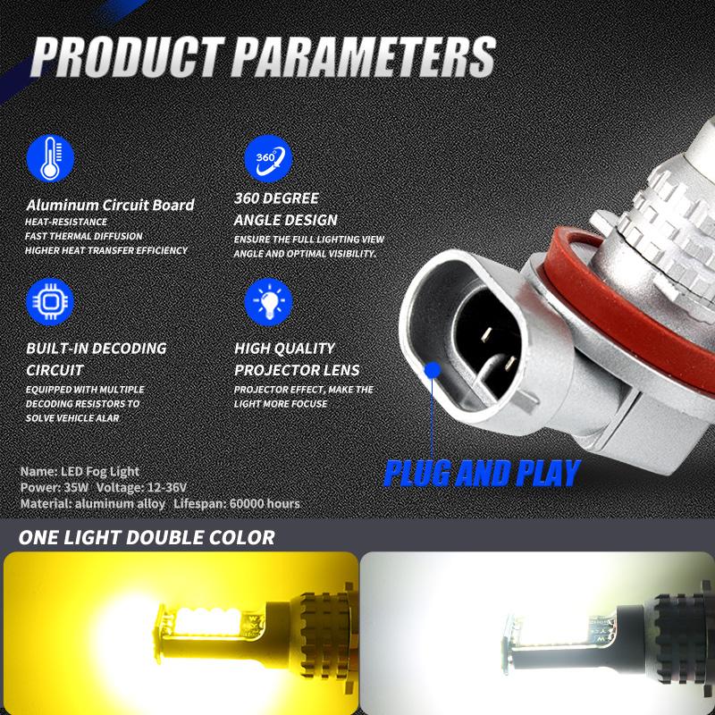 2 шт. автомобильные двухцветные светодиодные противотуманные фары H3 H4 H7 дальнего света H8 H11 H16 светодиодные лампы 9005 HB3 9006 HB4 P13W автомобильные противотуманные фары