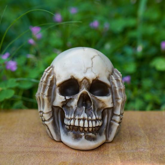 Halloween Skull Figurine See Speak Hear No Evil Resin Skeleton Head Realistic Human Skull Model Statue for Bar Home Table Decor