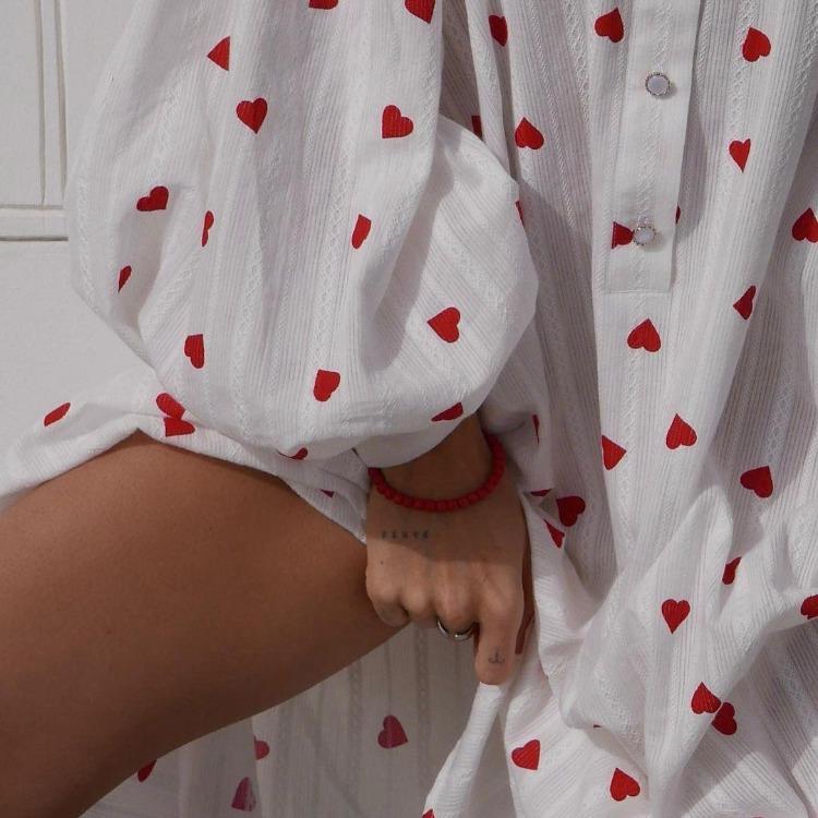 Women High Waist Stand Collar Long Sleeve Ankle Length Slip Dress with Heart Print Elegant Fashion