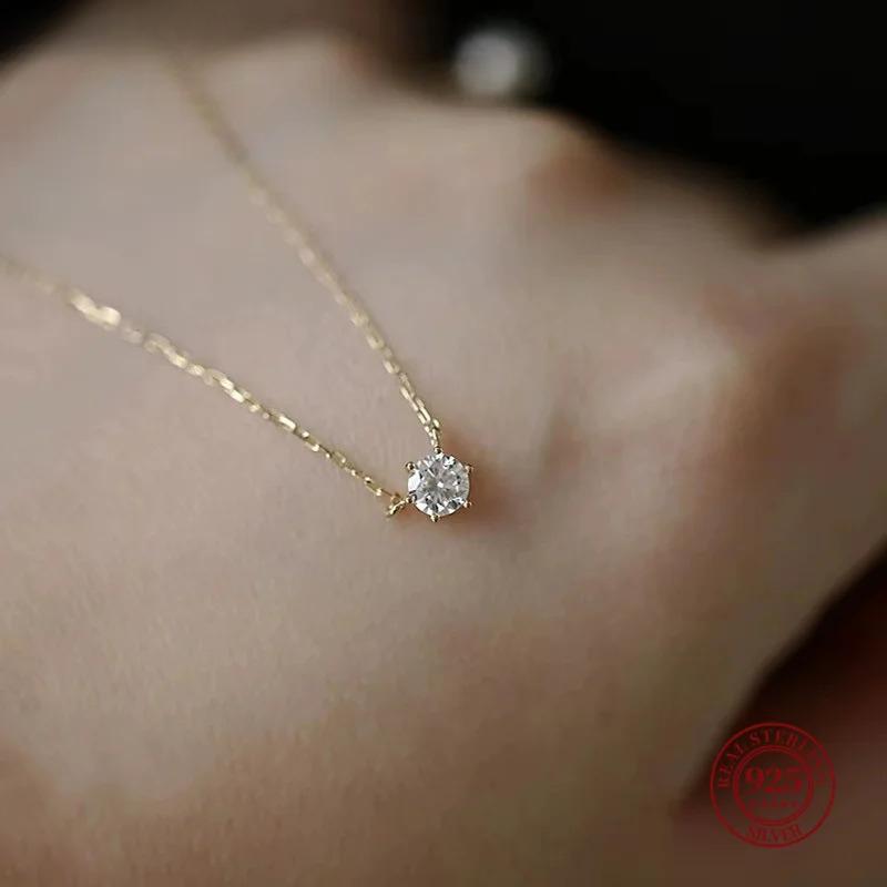 Серебряное позолоченное ожерелье Одинарная сверкающая циркониевая цепочка на ключицу для женщин Свадебная бижутерия collares