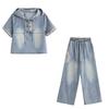 Джинсовый комплект с широкими брюками женский летний новый, уменьшающий возраст, с темпераментом, тонкий, повседневный комплект-двойка