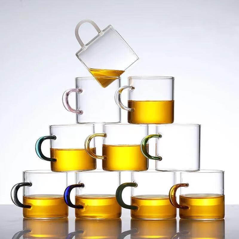 Кружки из высокоборосиликатного стекла Tuopai с цветными ручками, набор из 6 штук по 80 мл