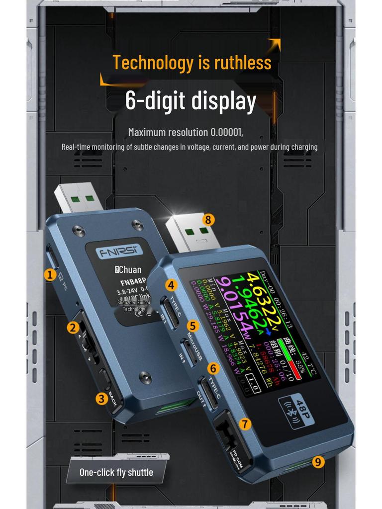 Детектор USB-зарядки FNIRSI-FNB48P: Мобильный вольтметр/амперметр постоянного тока для теста мощности быстрой зарядки