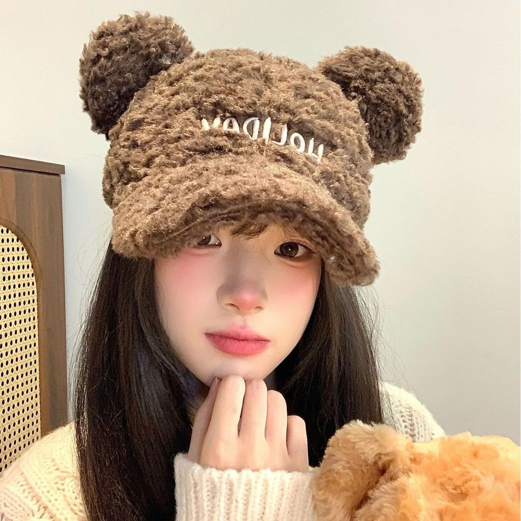 New cute bear ears baseball cap children autumn and winter lamb wool warm versatile face cap