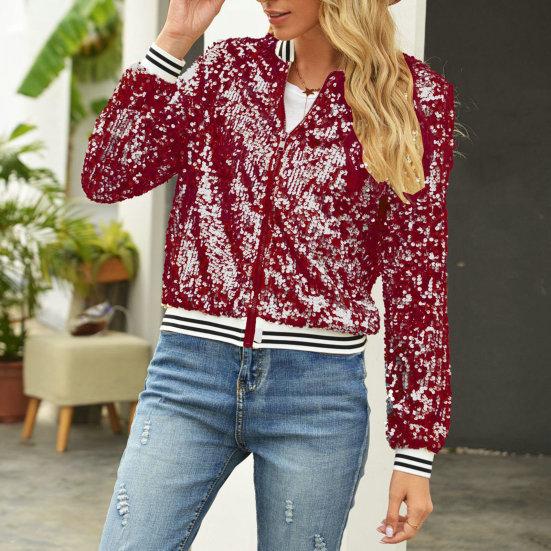 Women Jacket Shiny Sequin Long Sleeve Stand Collar Striped Loose Zipper Closure Elastic Cuff Stage Performance Emcee Coat