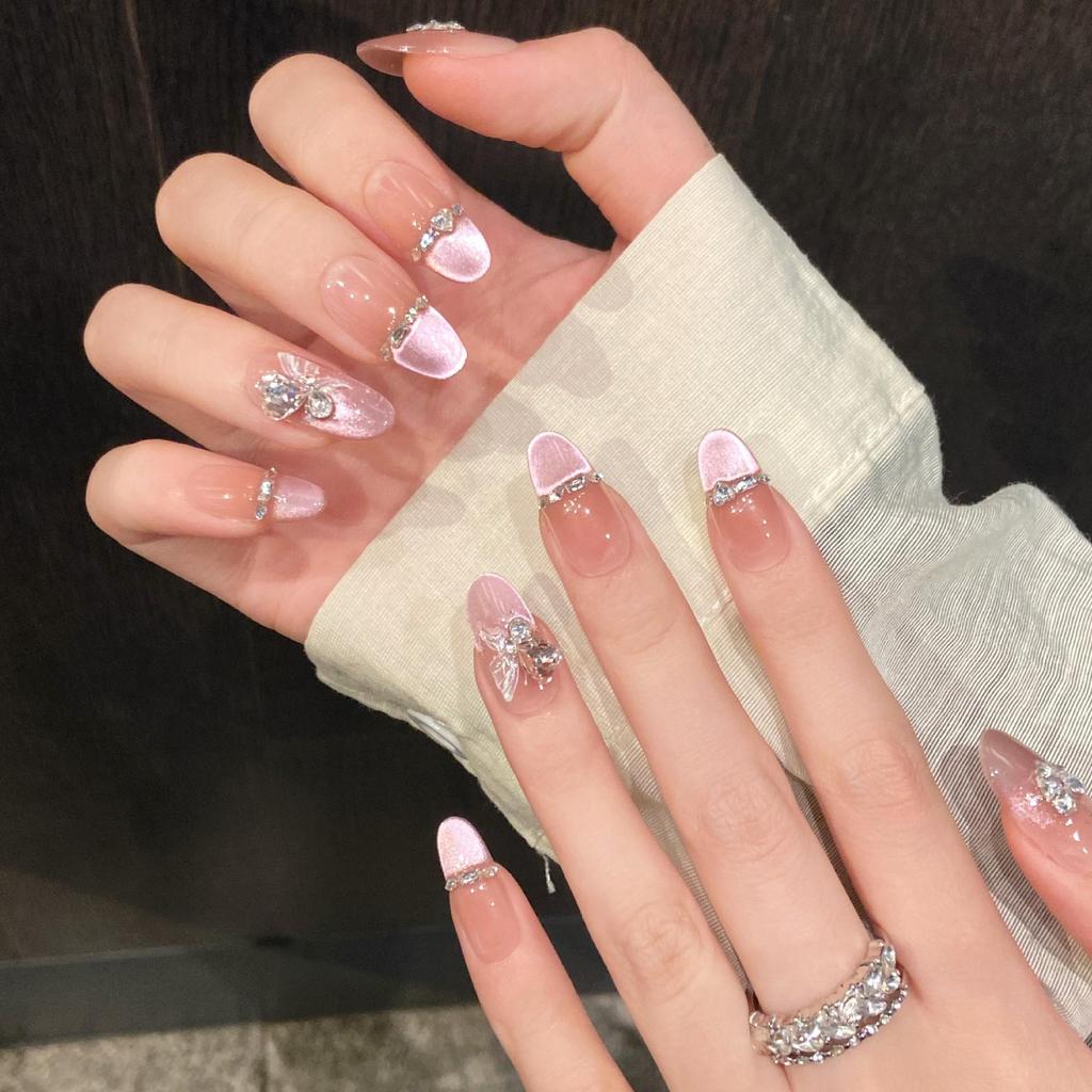Yihe Gradient Cat Eye French Diamond-Styled Spring/Summer Medium Handmade Nails
