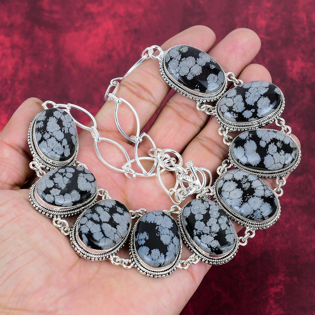 Snowflake Obsidian Handmade Jewelry Set, 925 Solid Sterling Silver Jewelry, Beauteous Unique Design Bracelet & Necklace Set For Her
