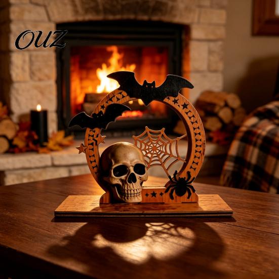Entrance Counter Decorations Halloween Wooden Skull Ornament with Bat and Spider Web Elements, Stable Rustic Holiday Table Decor Base Tabletop
