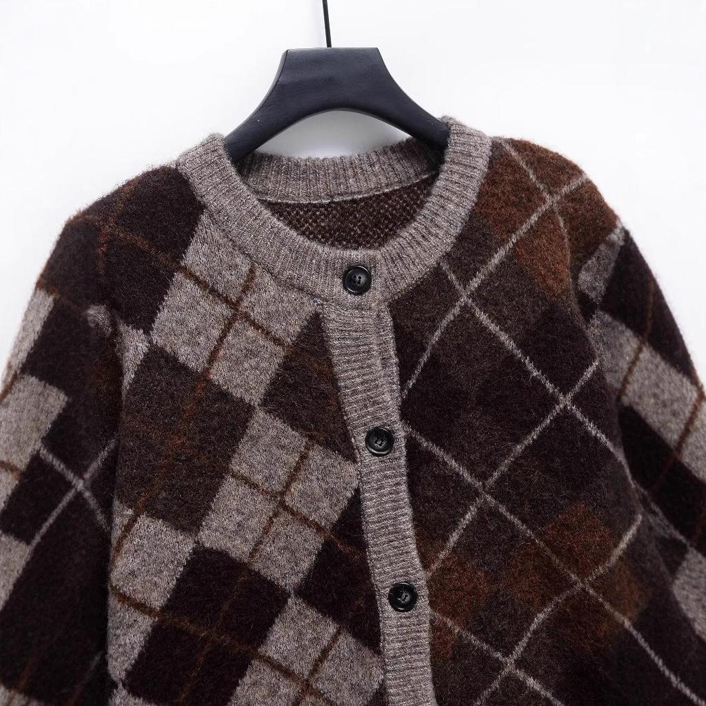 Европейский и американский женский кардиган свитер из ромбовидной вязки Осень/Зима 2024 9665