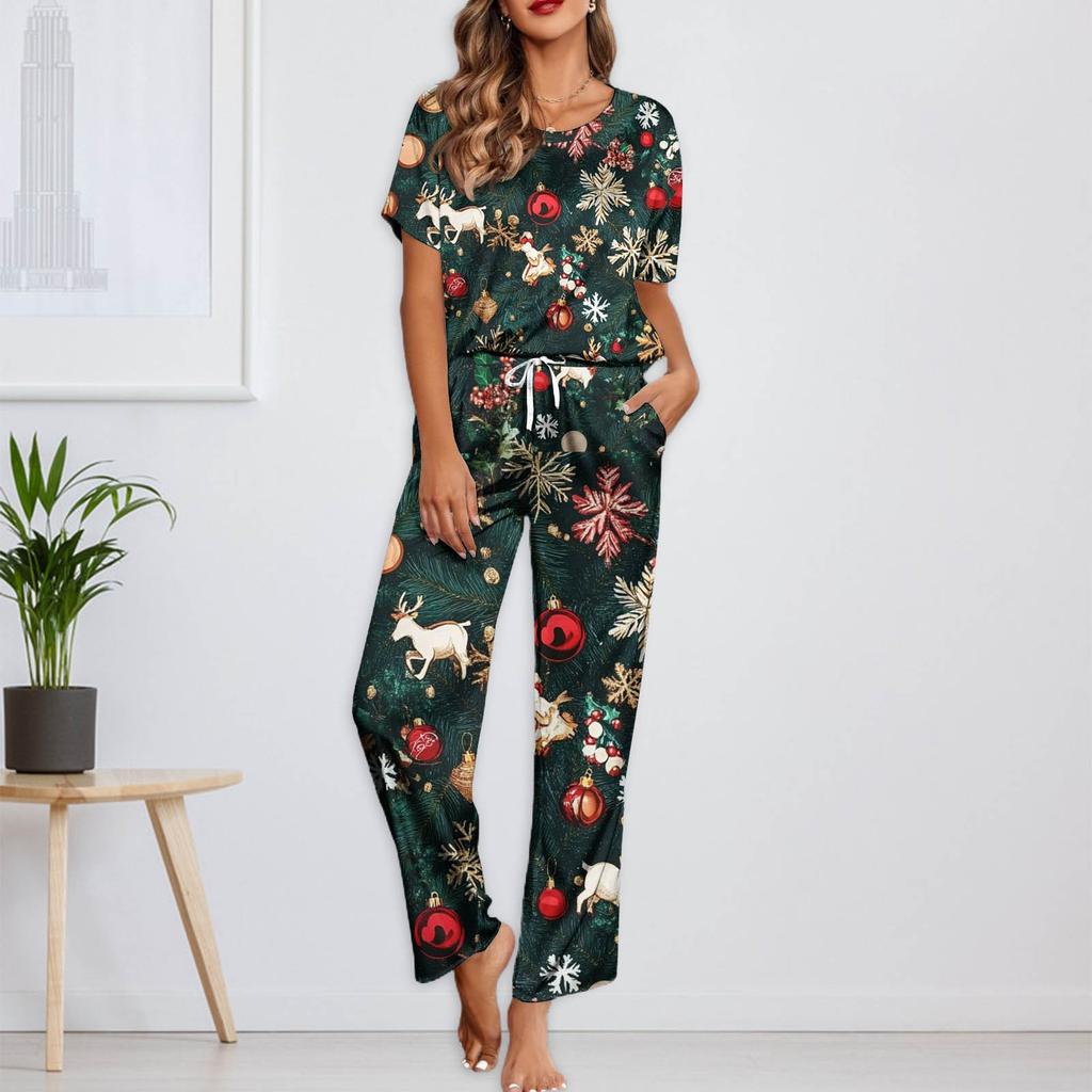 Женский шелковый атласный пижамный комплект с рождественским принтом, рубашка с коротким рукавом и длинные пижамные штаны, мягкая домашняя одежда