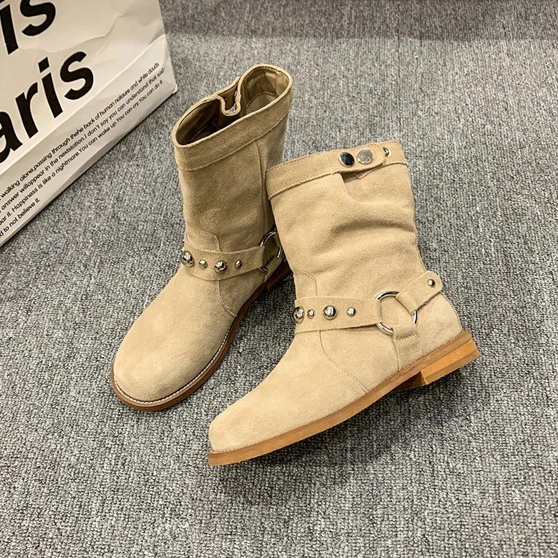 2024 Горячие продажи высококачественных коротких сапог для женщин с острым носком и пряжкой на плоской подошве для женщин Ковбойские сапоги в стиле вестерн для женщин