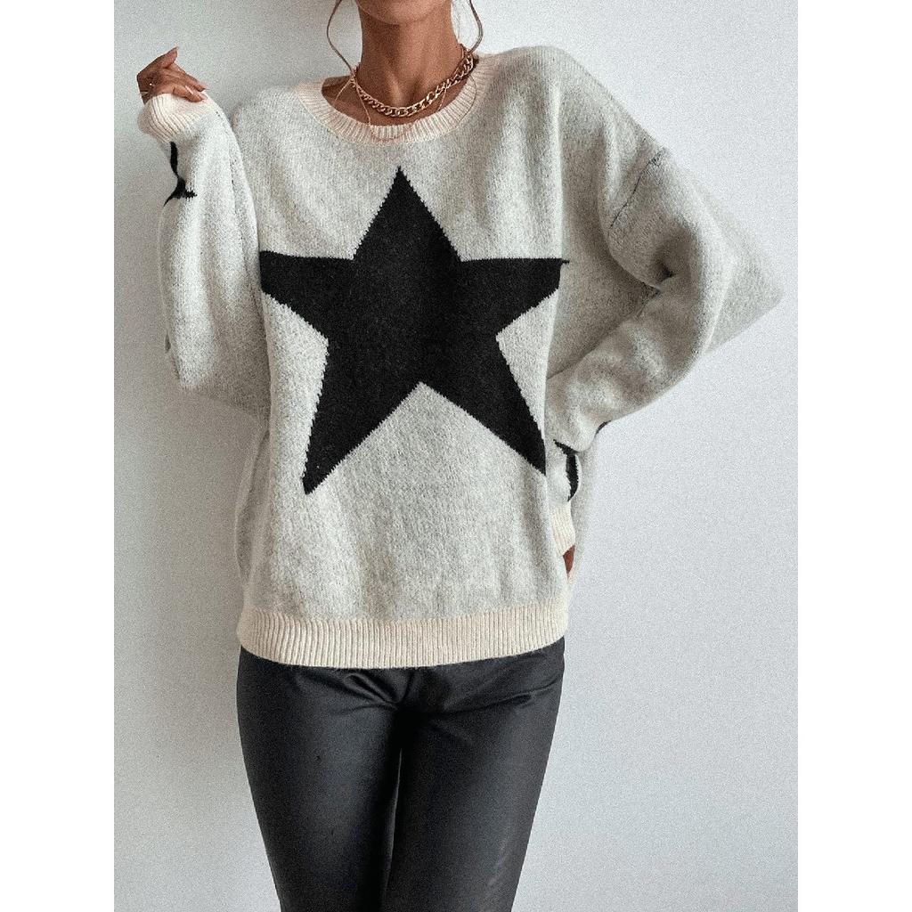 Women's Star Print Long Sleeve Crewneck Sweater Drop Shoulder Pullover Tops