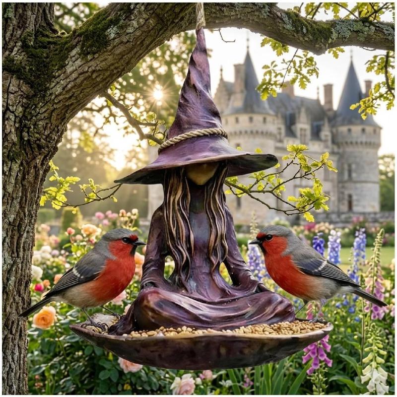 Meditating Witch Garden Bird Feeder,Creative Witch Statue Wild Bird Seed Tray with Rope,Resin Hanging Feeders for Outdoor Patio Backyard Yard Art Gift