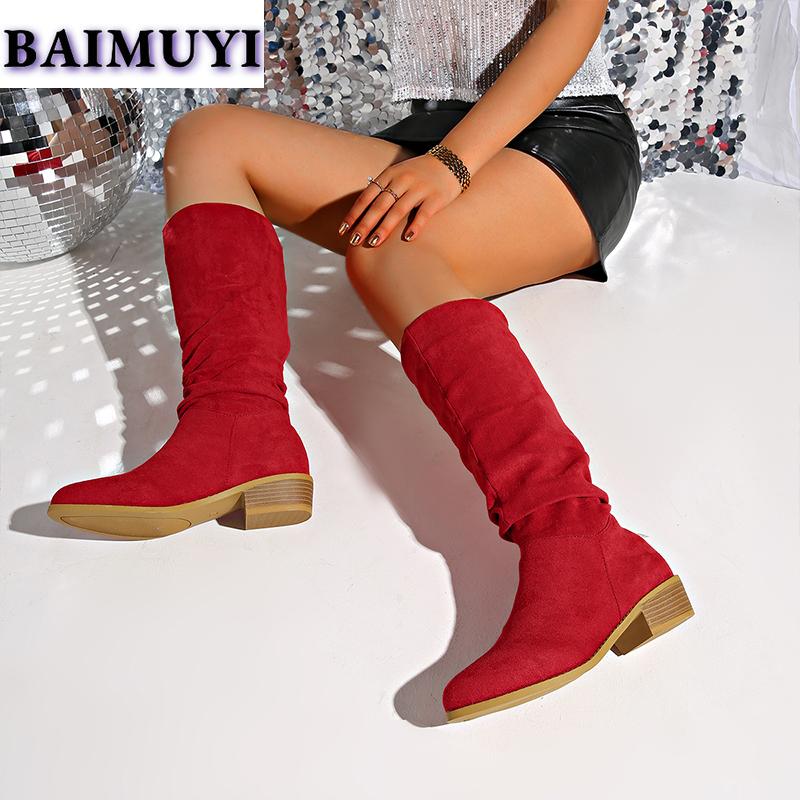 Pointed Toe Mid Heels Women Shoes Mid-calf Boots 2025 Trend Fashion Casual Pleated High Boots New Suede Goth Pumps Mujer Botas