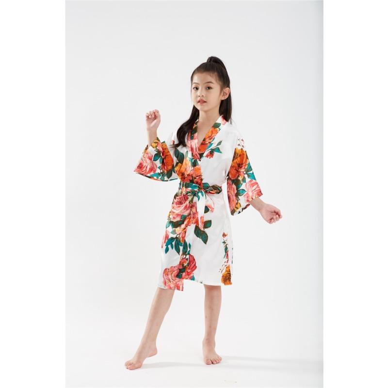 Children's Bathrobe Comfortable and Elegant Temperament Simulation Silk Sleeping Robe Sateen Children's Hand-painted Peony Baby Walking Robe