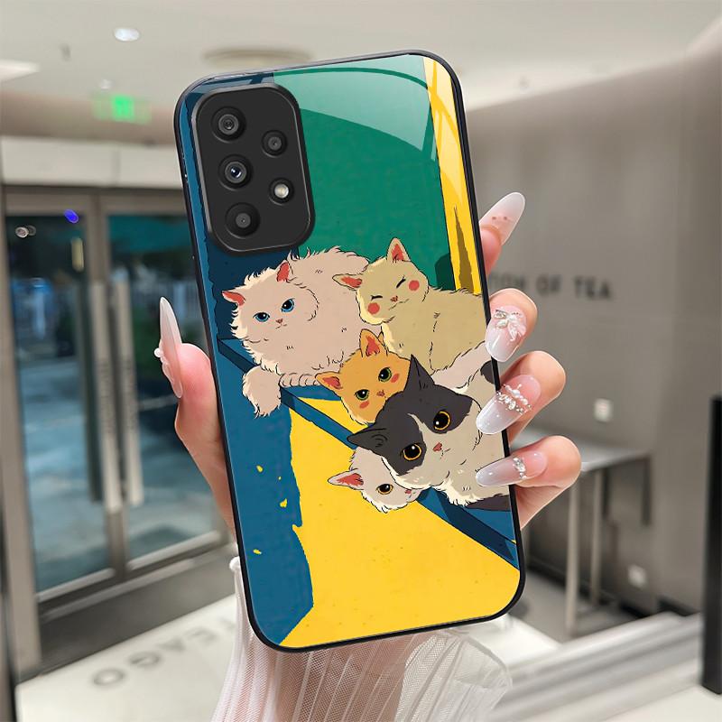 Cute Cartoon Cats Flower Case For Samsung Galaxy A52 A52S A72 4G 5G Tempered Glass Phone Case Protective Back Cover Hard Shell