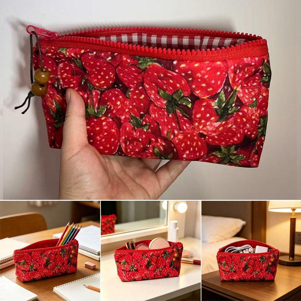 Zipper Design Pencil Case Strawberry Print Cosmetic Bag Trendy Makeup Pouch  School Supplies