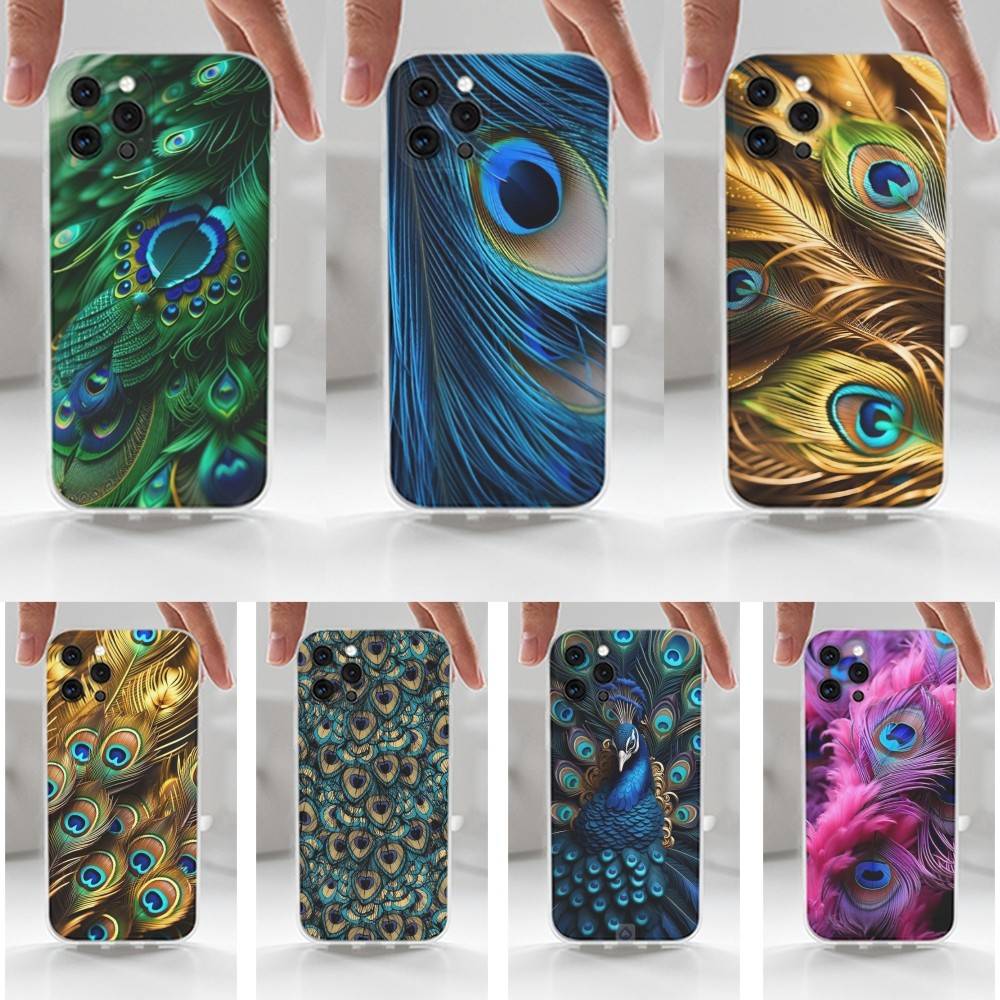 Peacock Feathers For iPhone 16,13,12,11,17,14,15,Pro,Max,Plus,X,XS,XR,SE,Mini Transparent Soft silicone Case