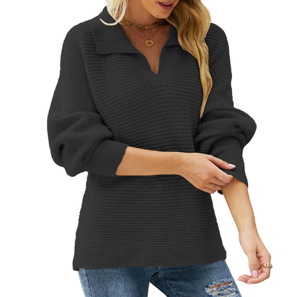 Women's Fashionable Round Neck Solid Color Knitted Sweater Pullover Sweater Long Sleeved Top