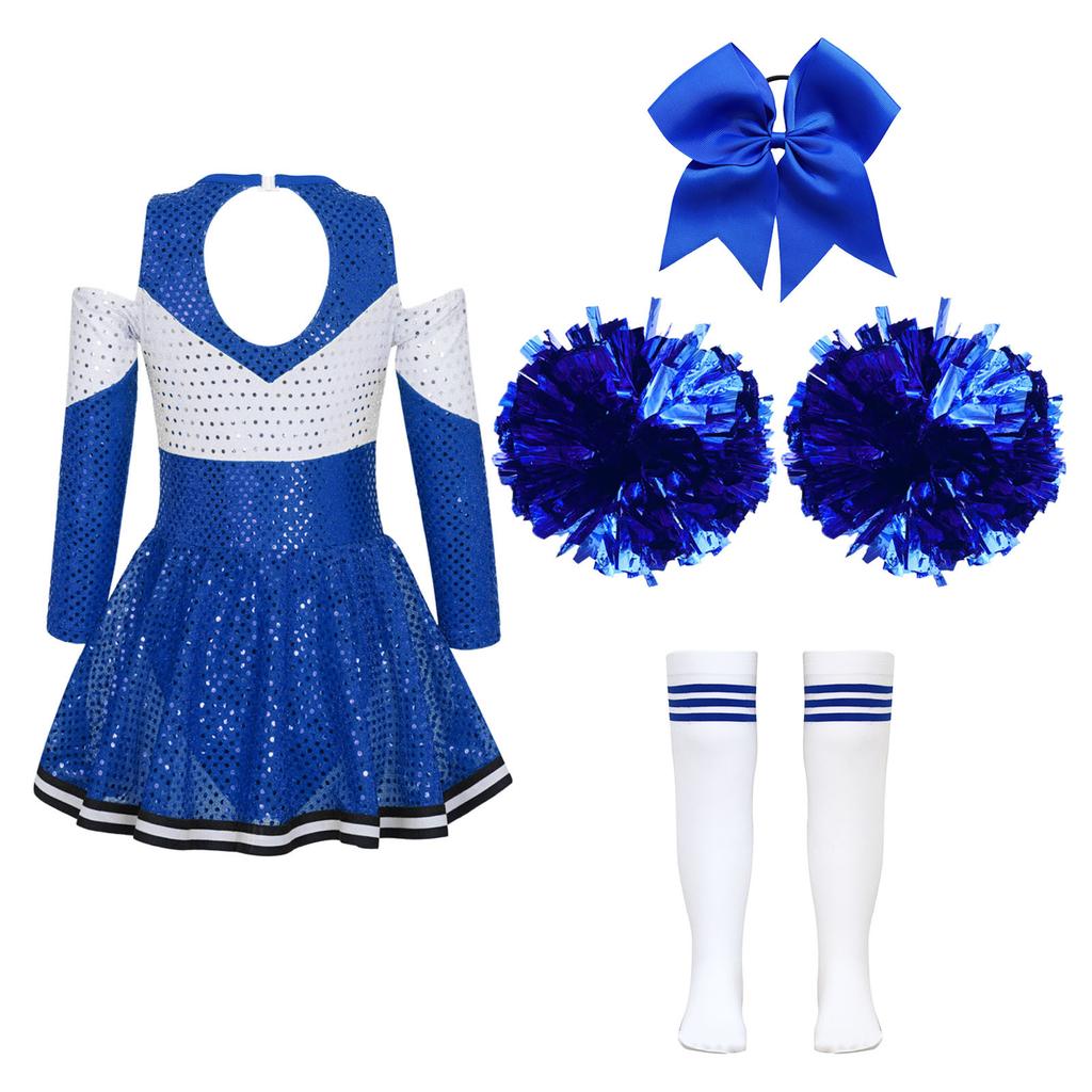 Girls Sparkling Cheerleading Outfit Off Shoulder Sequin Dress Long Sleeve Bow Headwear Hand Accessories Sport Socks