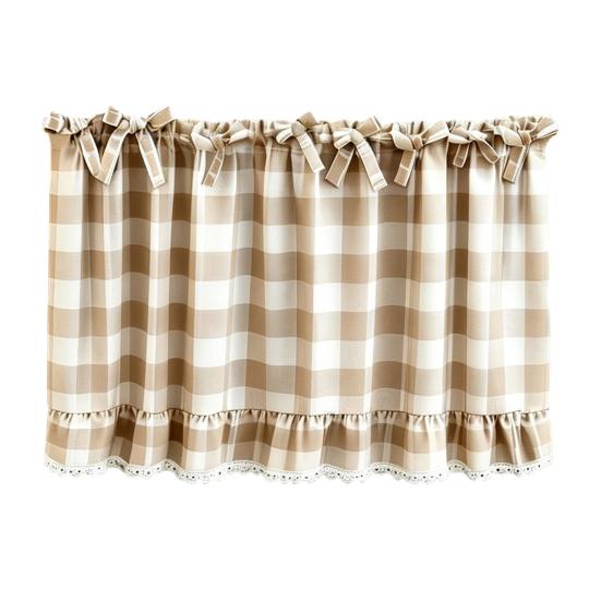 Kitchen Window Curtains Buffalo Check Valance, Ruffled Valance Curtain with Lace Trim And Bows, Polyester Cotton Light Filtering Rod Pocket for Living
