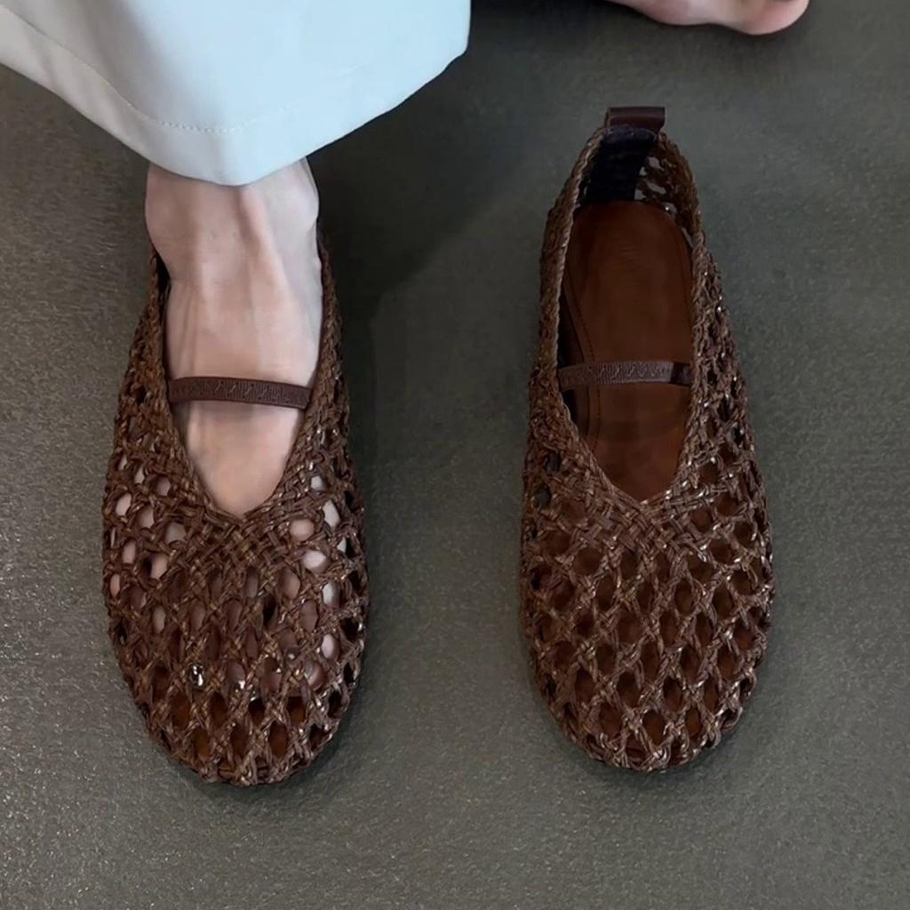 Версия из овчины~ Французские плетеные полые и дышащие нишевые сандалии на плоской подошве женские летние с мелким вырезом тупоносые одинарные туфли