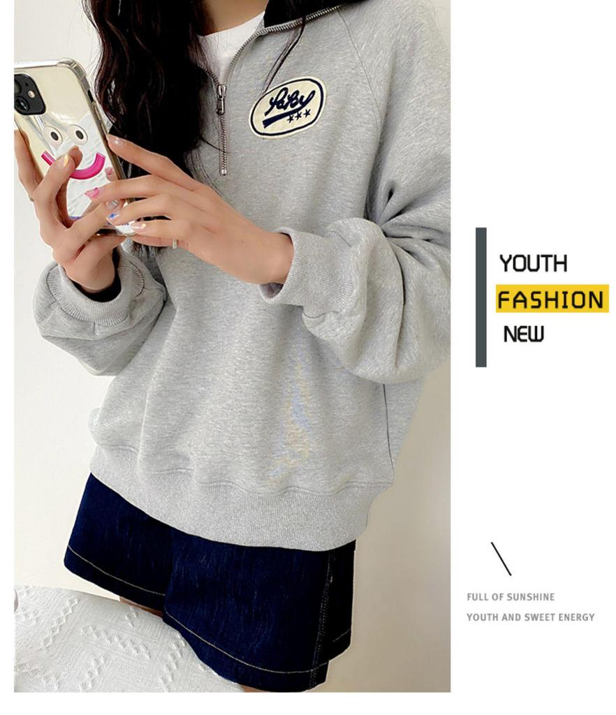 Женский ретро свитшот поло на молнии до середины - Маленький размер, Свободный крой, Корейский стиль, Весна/Осень 2025