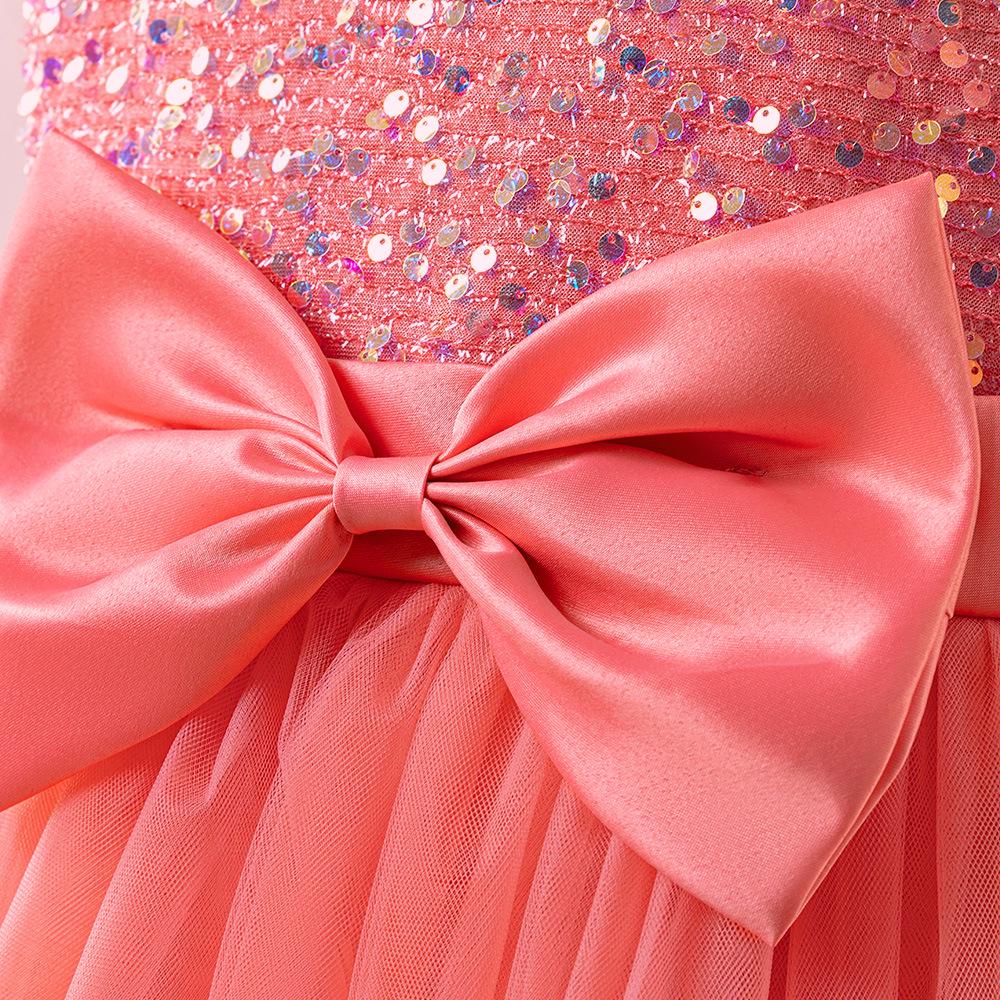 Girls' Sequined Mesh Tutu Dress with Small Flying Sleeves & Bow - Evening & Flower Girl Princess Dress