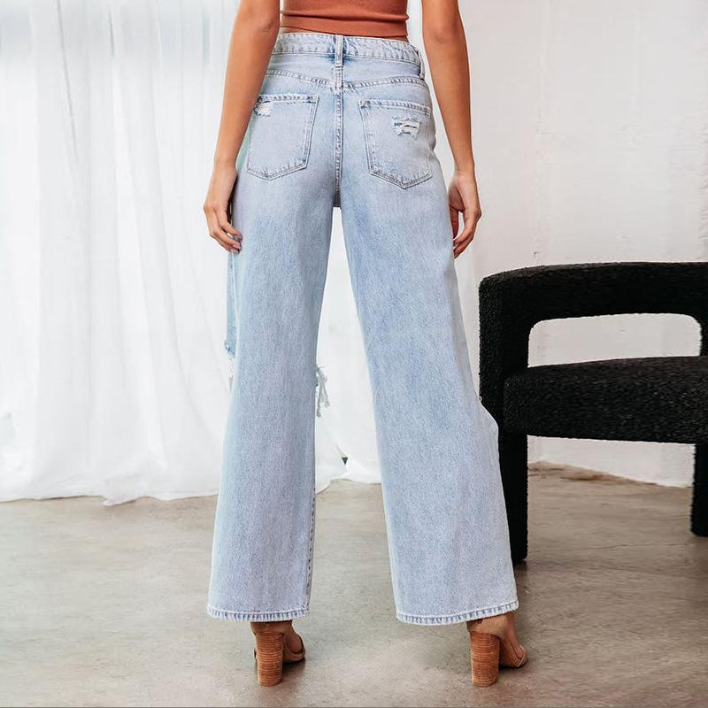 Ripped High Waist Long Wide Leg Washed Casual Women's Jeans
