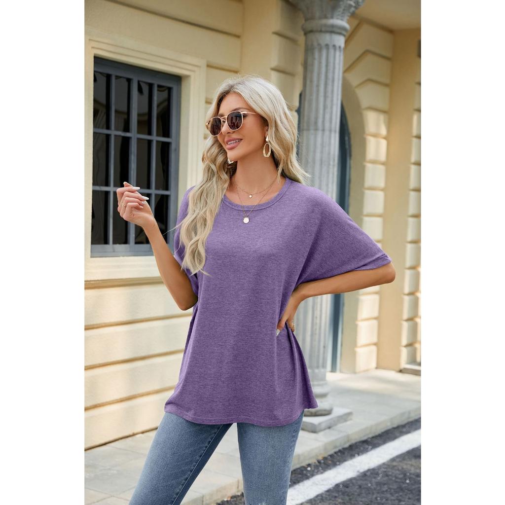 GMXIA Весенне-летняя однотонная футболка с круглым вырезом, свободного кроя, с короткими рукавами для женщин