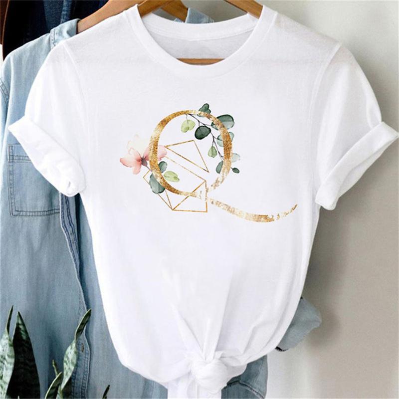 Custom Name Letter Combination Women T Shirt Floral Gold Letter Font A B C D Print Short Sleeve Tee Tops Female T-shirt Clothes