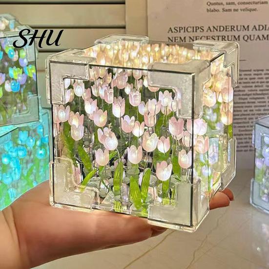 Flower Night Light Handmade DIY Tulips Cube Mirror Lamp Soft Glow Easy to Install Romantic Desktop Decoration Tulip