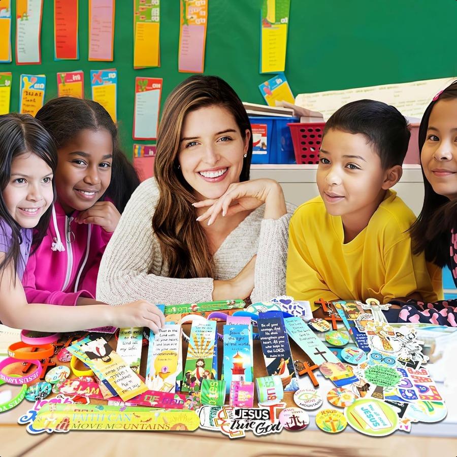 128Pcs Christian Party Favors Set for 12 Guests Jesus Party Supplies with Bible Verse Bookmarks Bracelets Keychains Cross Charm