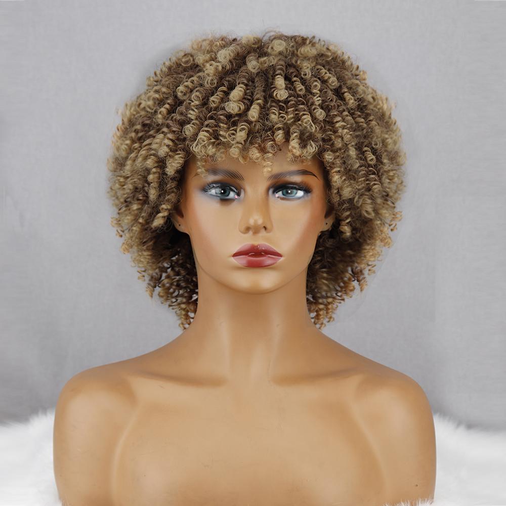 MISS WIG Афро-женщины из синтетического волокна, черный, коричневый, серый, странный вьющийся парик с челкой, африканский короткий вьющийся парик, косплей