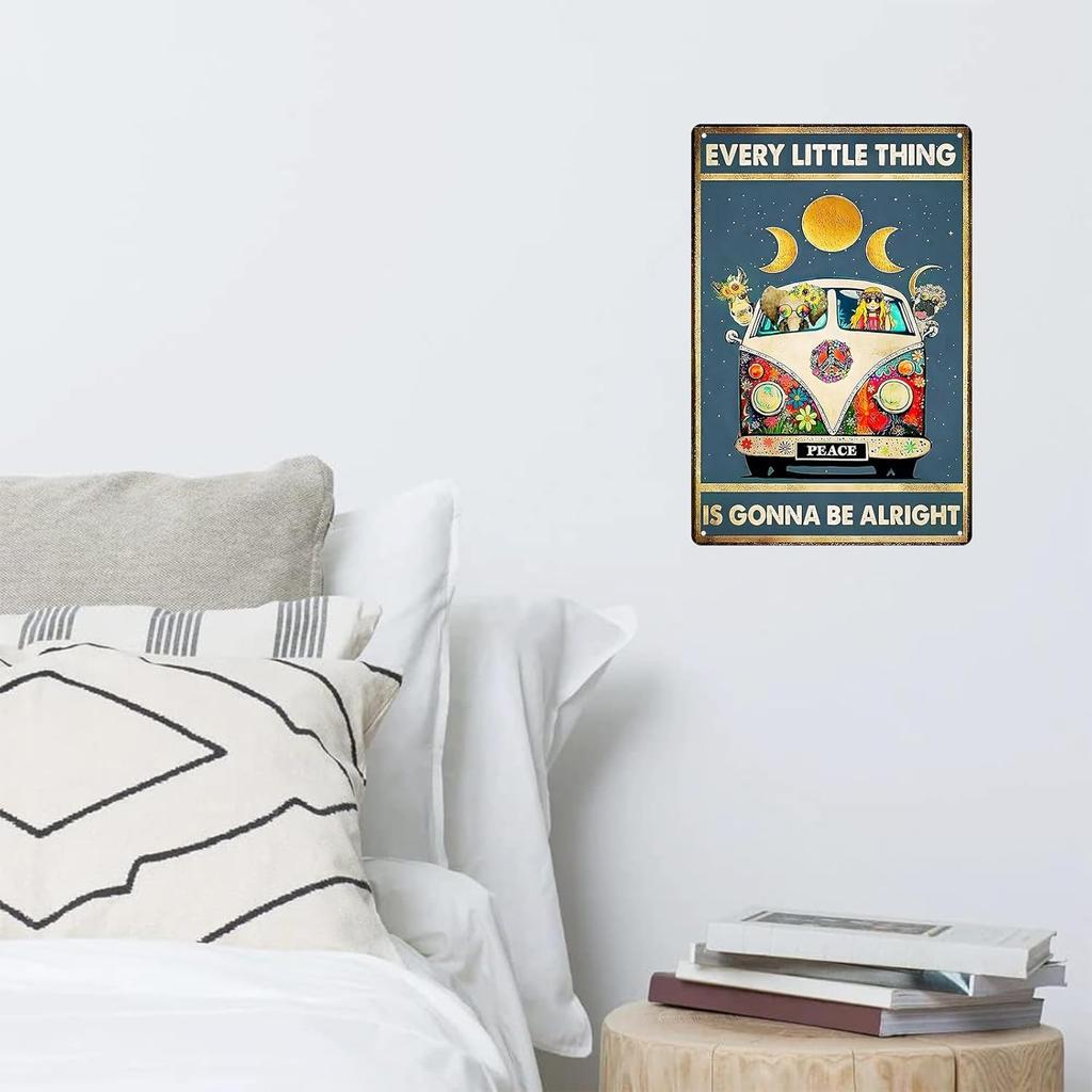 WTREEW Retro Hippie Decor Wall Art Poster - Every Little Thing is Gonna Be Alright Vintage Metal Sign Peace Wall Decor