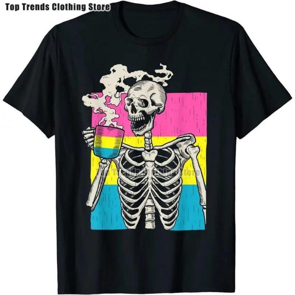 Скелет пьет кофе ЛГБТ-Q Пансексуальная гордость Пан флаг футболка