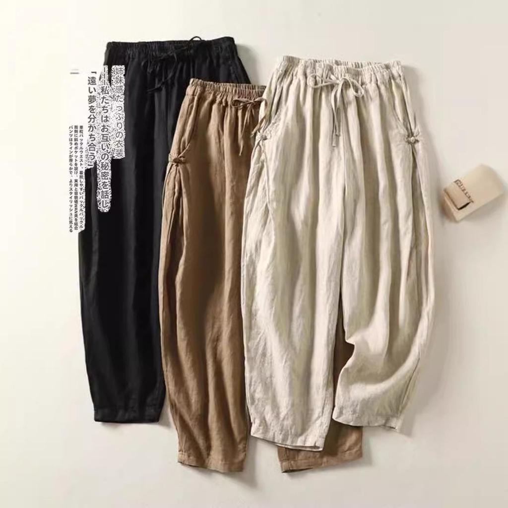 Хлопковые брюки гаремы с высокой талией и ретро застежкой-лягушкой - Легкие, эластичные, с завязкой на талии, свободного кроя для весны/лета