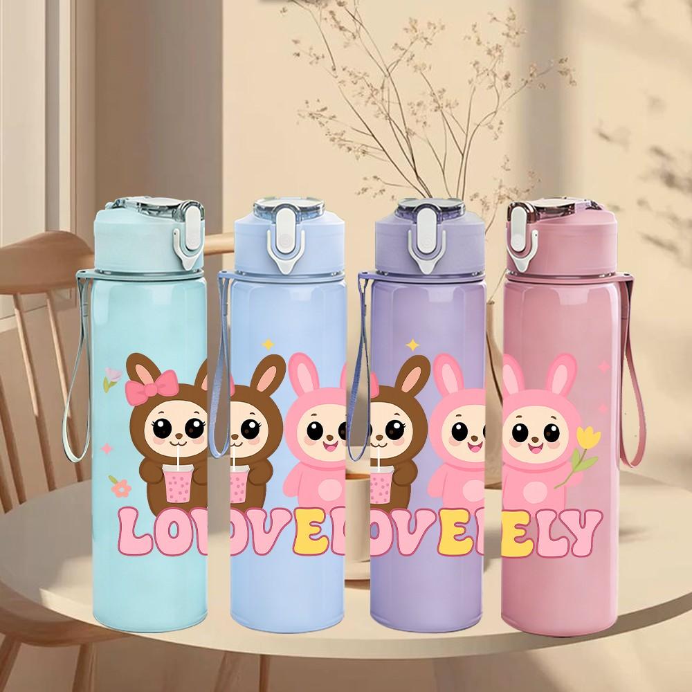 1PC Bunny Lovely Letter 750ml Color Plastic Sports Water Bottle Leakproof Flip Straw Lid Suitable for Sports Office Home Use