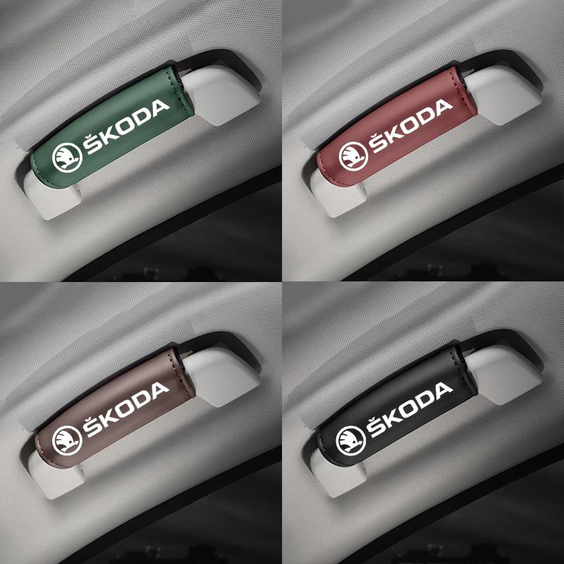 XOWS7 Leather Car Roof Armrest Pull Cover Handle Gloves Protection for Skoda octavia a5 a4 mk1 fabia superb rapid mk3 yeti 2006 sign