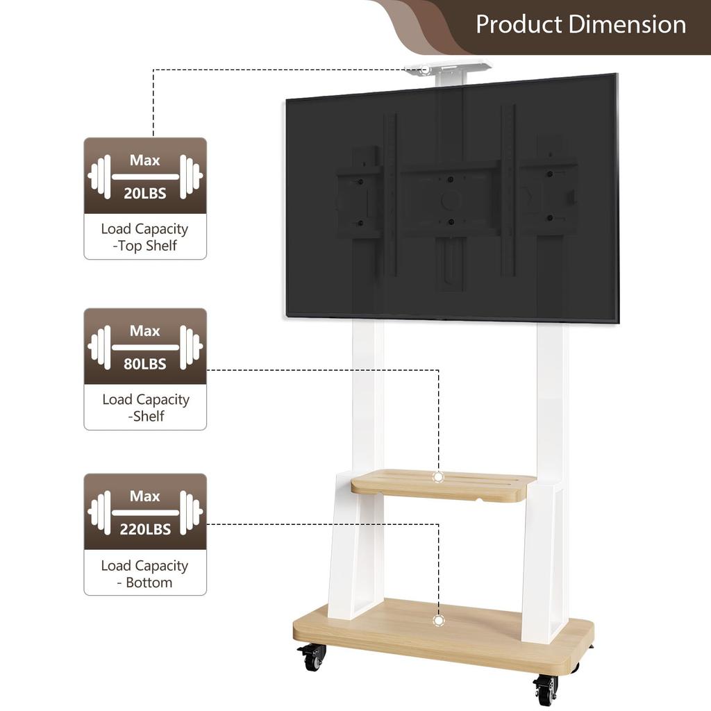 Mobile TV Cart for 32-75 Inch Screens, Movable Rolling Floor TV Stand with Shelf Locking Wheel, Height Ajustable Heavy-Duty