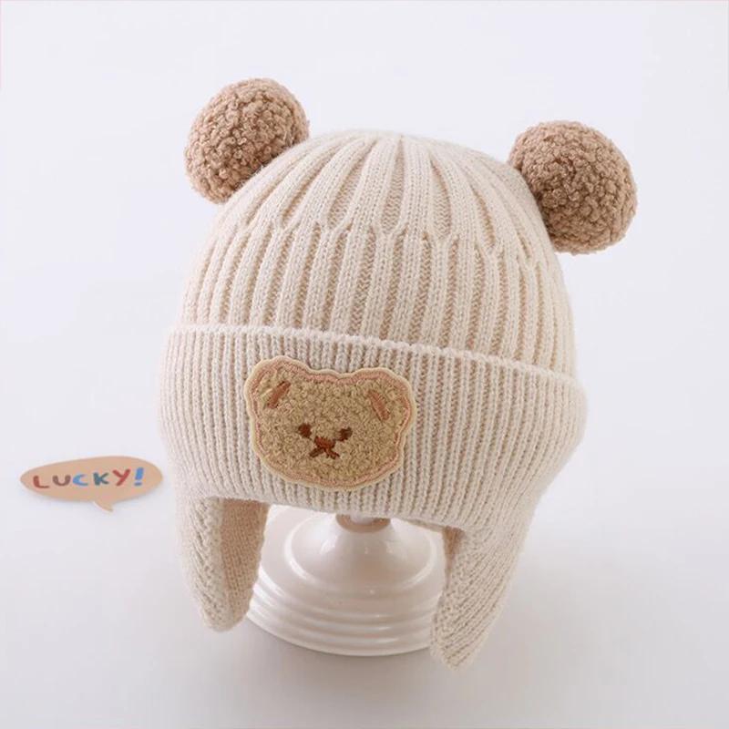 Детские шапки-бини с мультяшным медведем, милые наушники для защиты ушей, вязаная шапка-чепчик для девочек, корейские зимние теплые детские вязаные шапки крючком