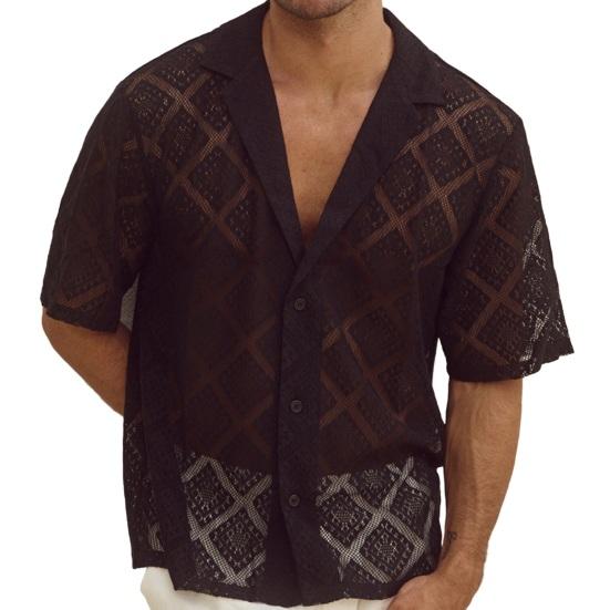 Кубинский мужской?Рубашка с воротником, повседневная, ажурная, трикотажная, на пуговицах, винтажная, с коротким рукавом, летний пляжный топ для уличного отдыха