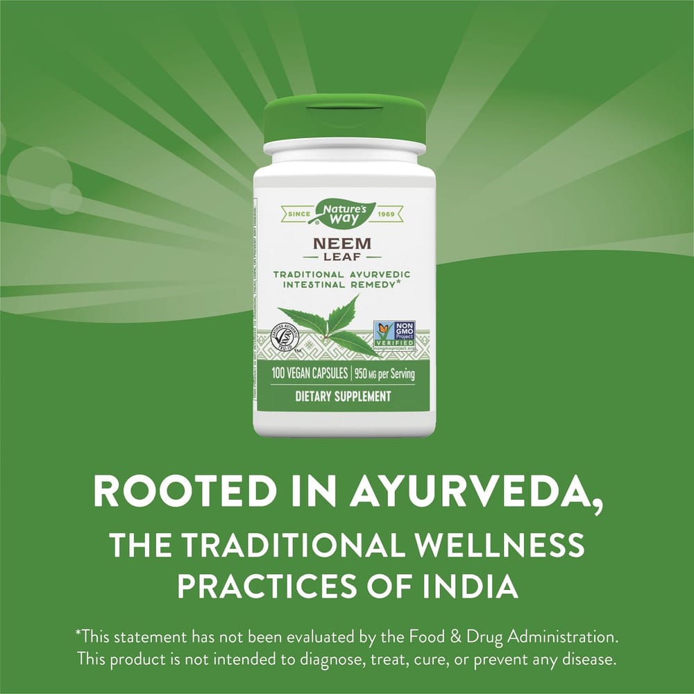 Nature's Way Neem Leaf 950mg Veggie Capsules, 100 Count (475mg per capsule)