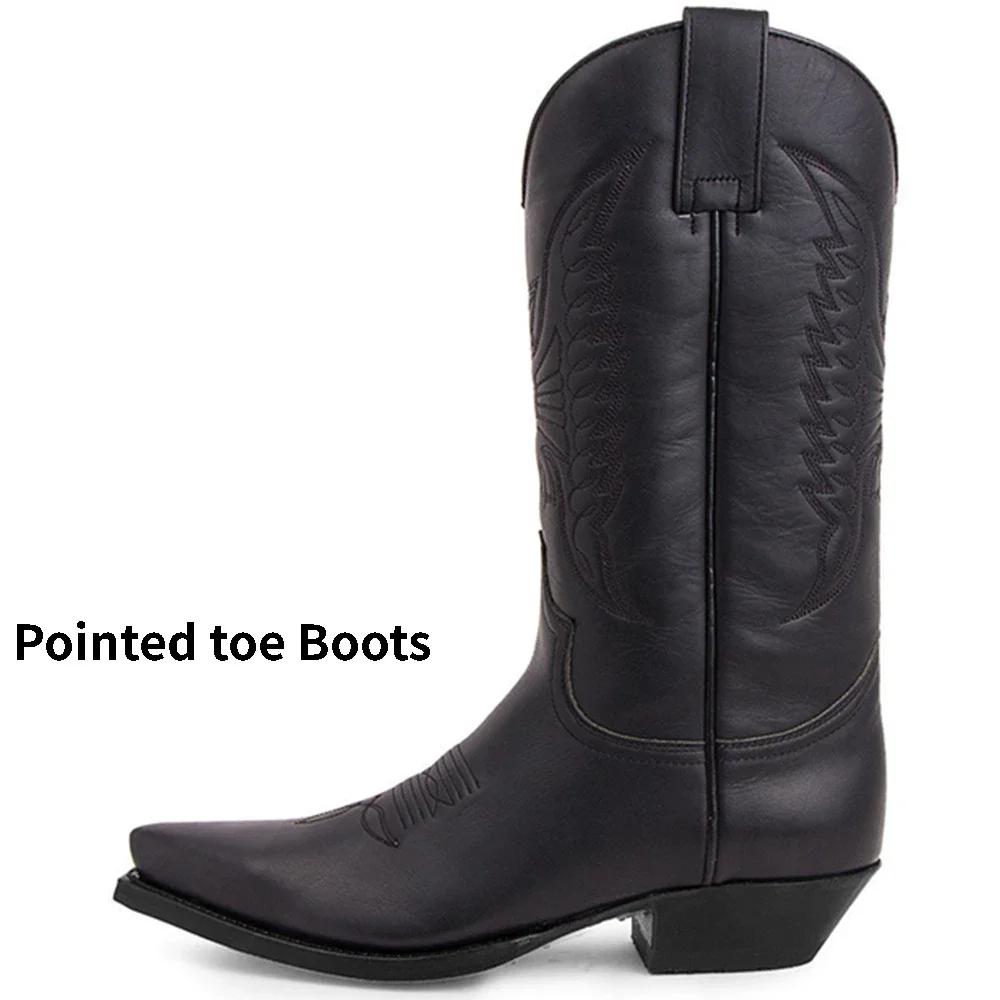 Модные роскошные ковбойские сапоги для мужчин, винтажные рыцарские туфли, кожаные мотоциклетные сапоги с вышивкой на среднем каблуке 2024, новые повседневные ботинки West Boot Botas