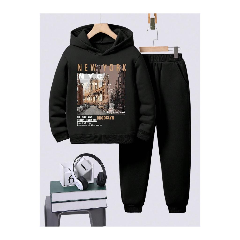 Темно-синий мужской спортивный костюм оверсайз с мягким пушистым принтом Nyc