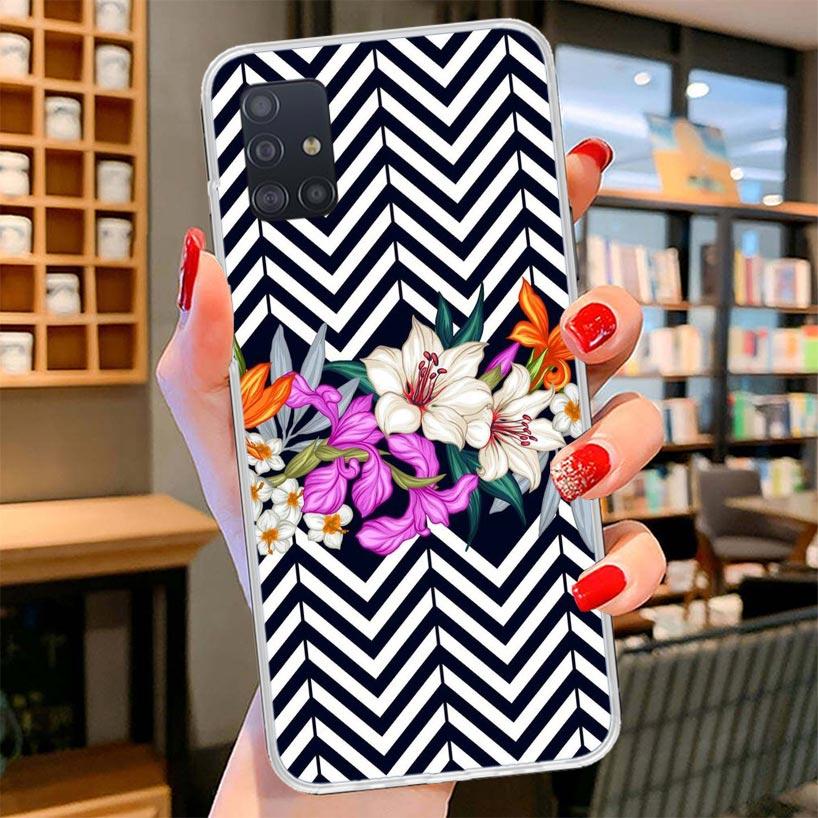 Black White Stripes Flower Cover Phone Case For Samsung Galaxy A12 A22 A32 A52 A72 A02S Phone Case Note 20 Ultra 10 S10 Plus A51