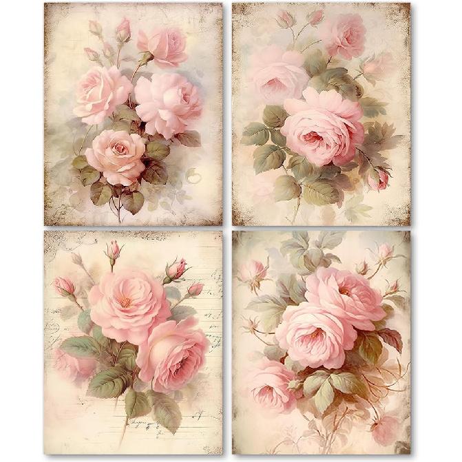 laveliabel Vintage Pink Rose Wall Art Prints Set of 4 Unframed, Floral Wall Decor, Shabby Chic Pink Floral Botanical Poster Prints for Cottagecore