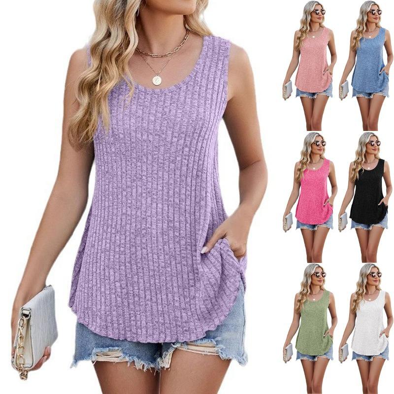 Весенний новый повседневный однотонный трикотажный жилет без рукавов с круглым вырезом