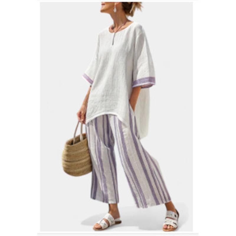 Printed short-sleeved shirt and trousers set Fashion loose round neck top High waist trousers Two-piece set